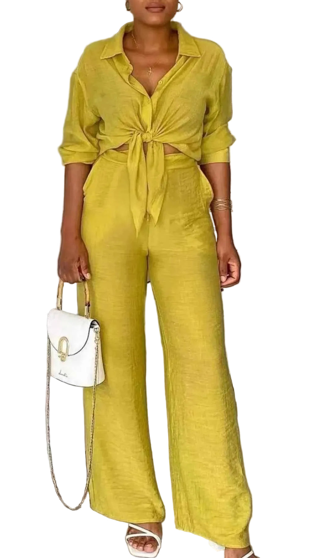 TEEK - Tie-Front Top and Wide Leg Pants Set SET TEEK Trend Lemon Yellow S