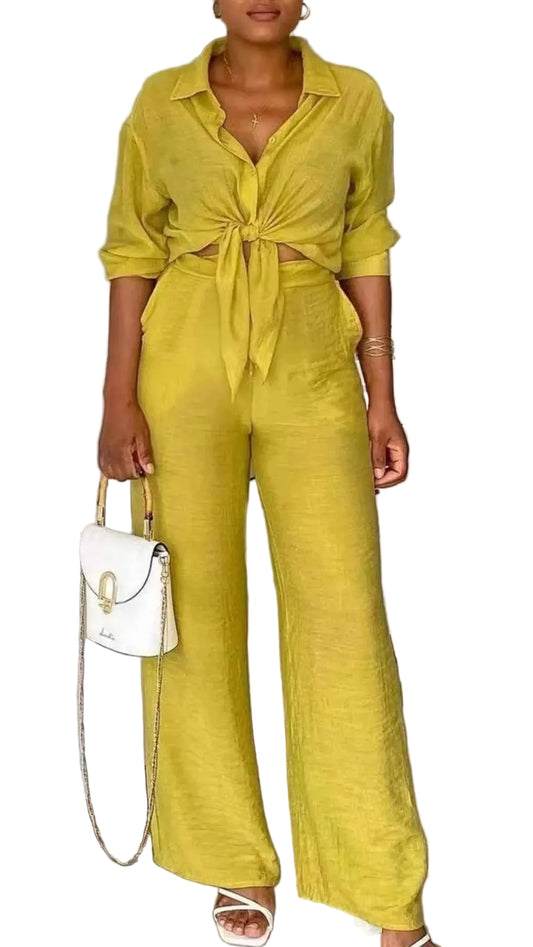 TEEK - Tie-Front Top and Wide Leg Pants Set SET TEEK Trend Lemon Yellow S
