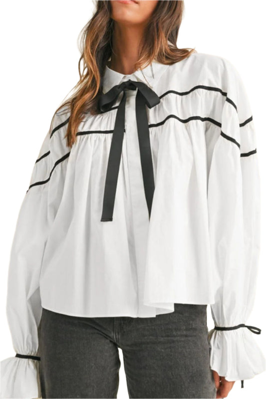 TEEK - White Ribbon Bowtie Collared Neck Flounce Sleeve Shirt TOPS TEEK Trend S