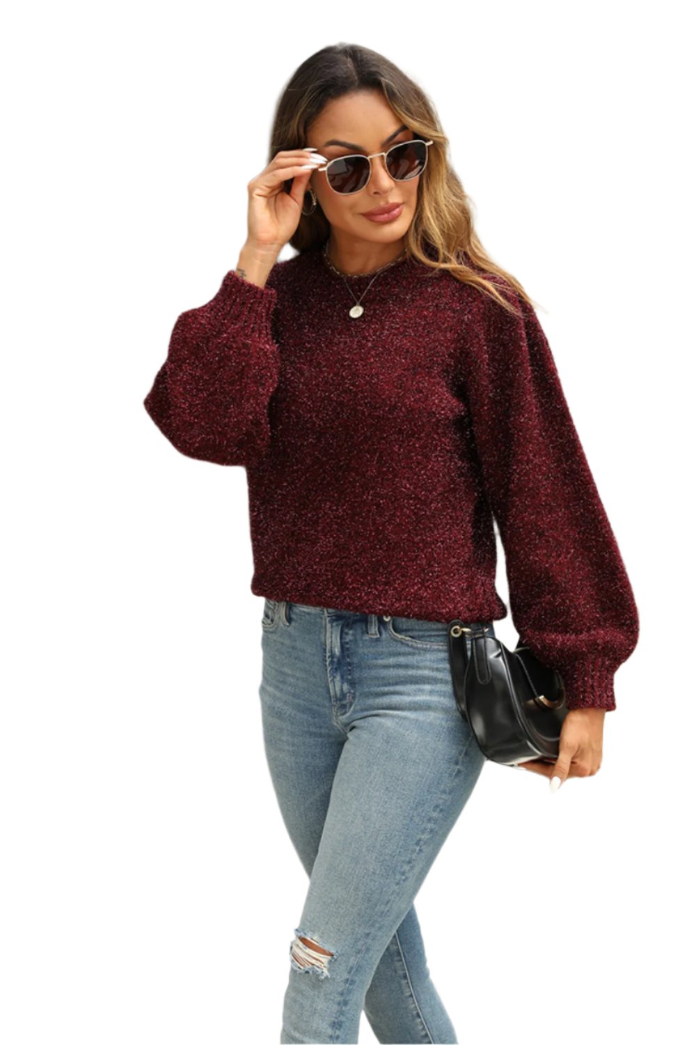 Tied Heathered Round Neck Long Sleeve Sweater TEEK Trend