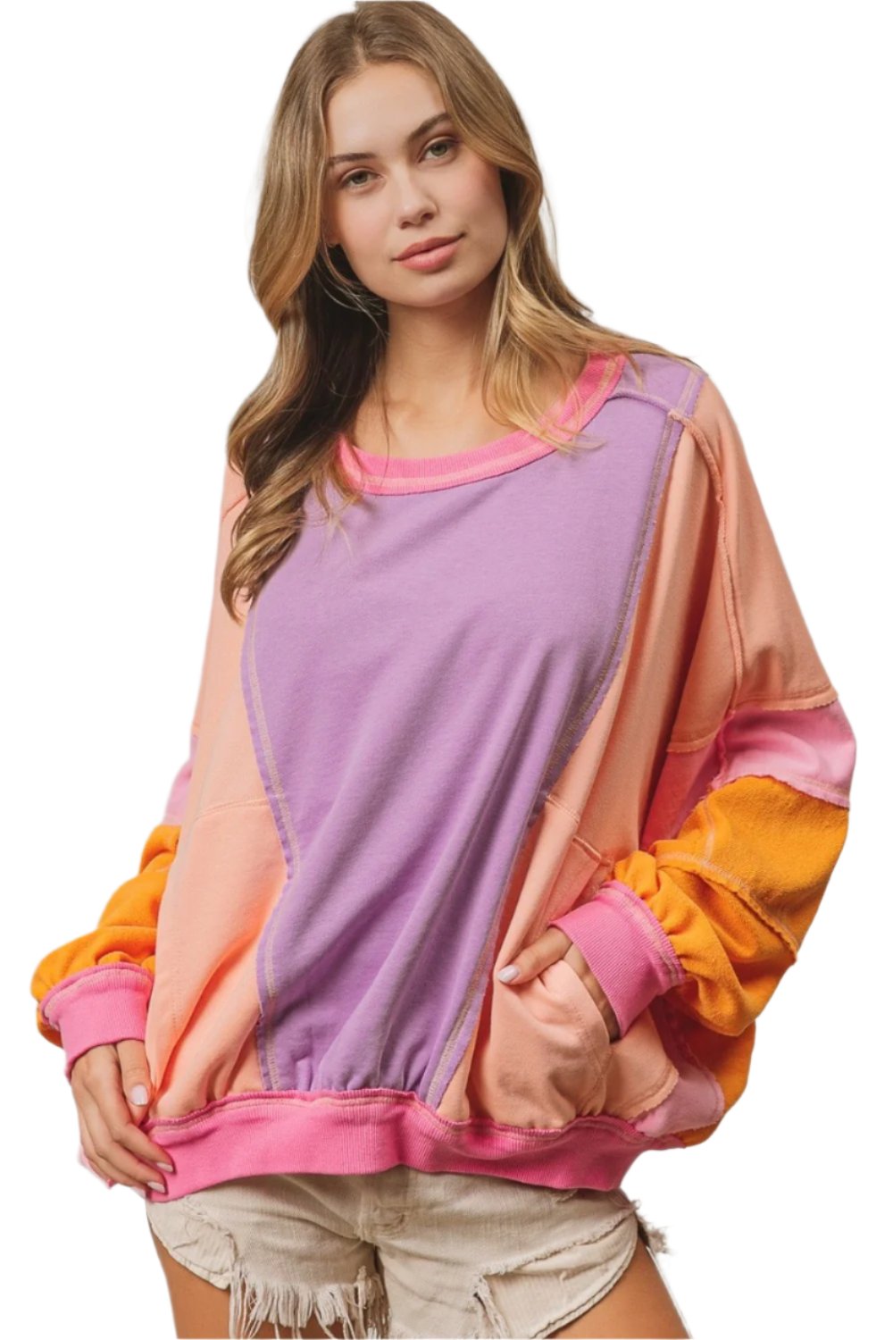 TEEK - Lavender Peach Fuchsia Color Block Exposed Seam Pocketed Sweatshirt TOPS TEEK Trend S  