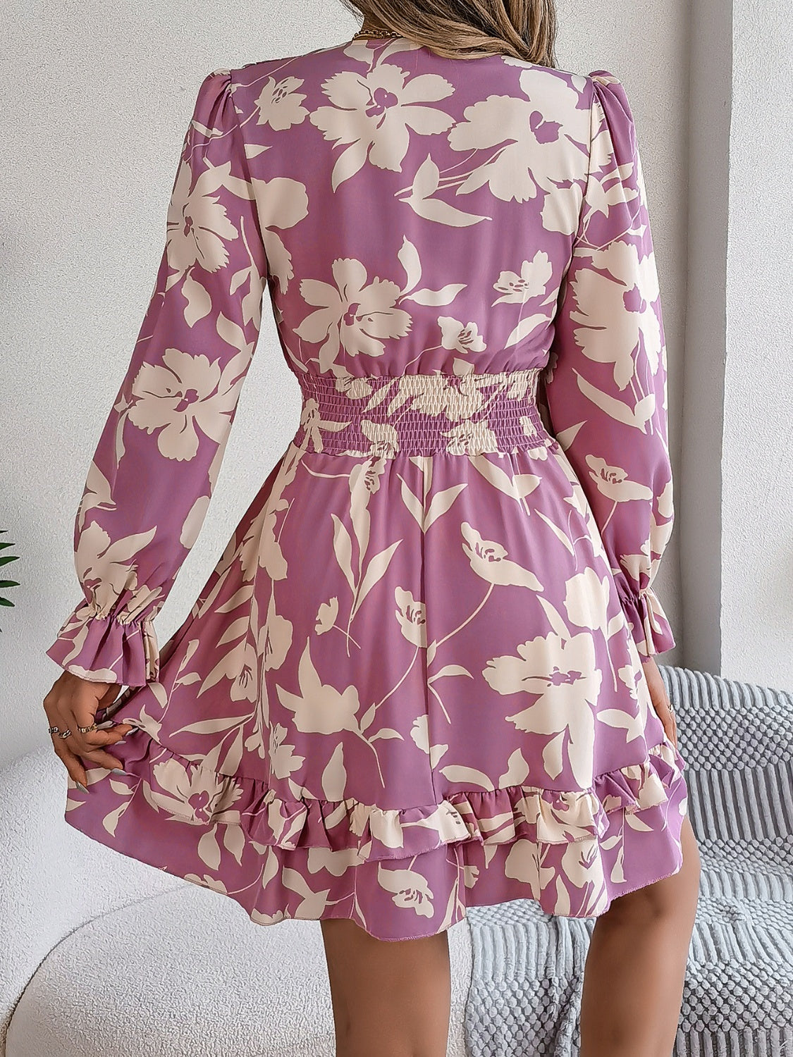 TEEK - Tied Ruffled Printed Long Sleeve Dress DRESS TEEK Trend   