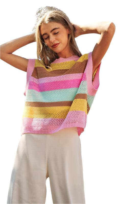 TEEK - Light Pink Crochet Multi Striped Knit Sweater Vest TOPS TEEK FG S