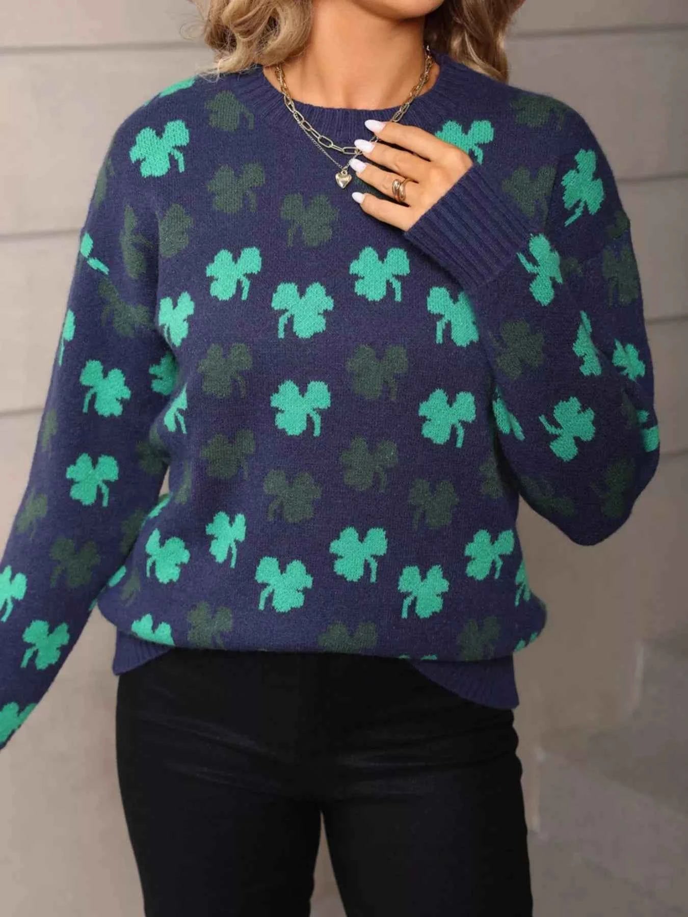 Lucky Clover Crew Neck Sweater Trendsi