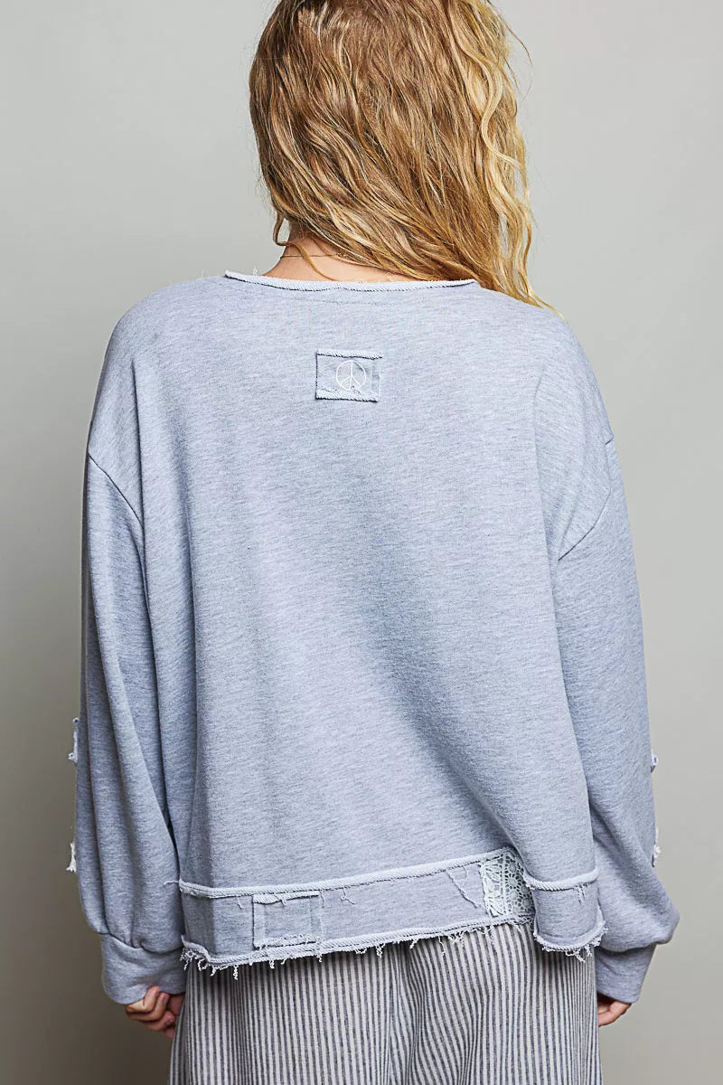 POL Exposed Outseam Crochet Patch V-Neck Sweatshirt with Open Wrap-Style Design Trendsi