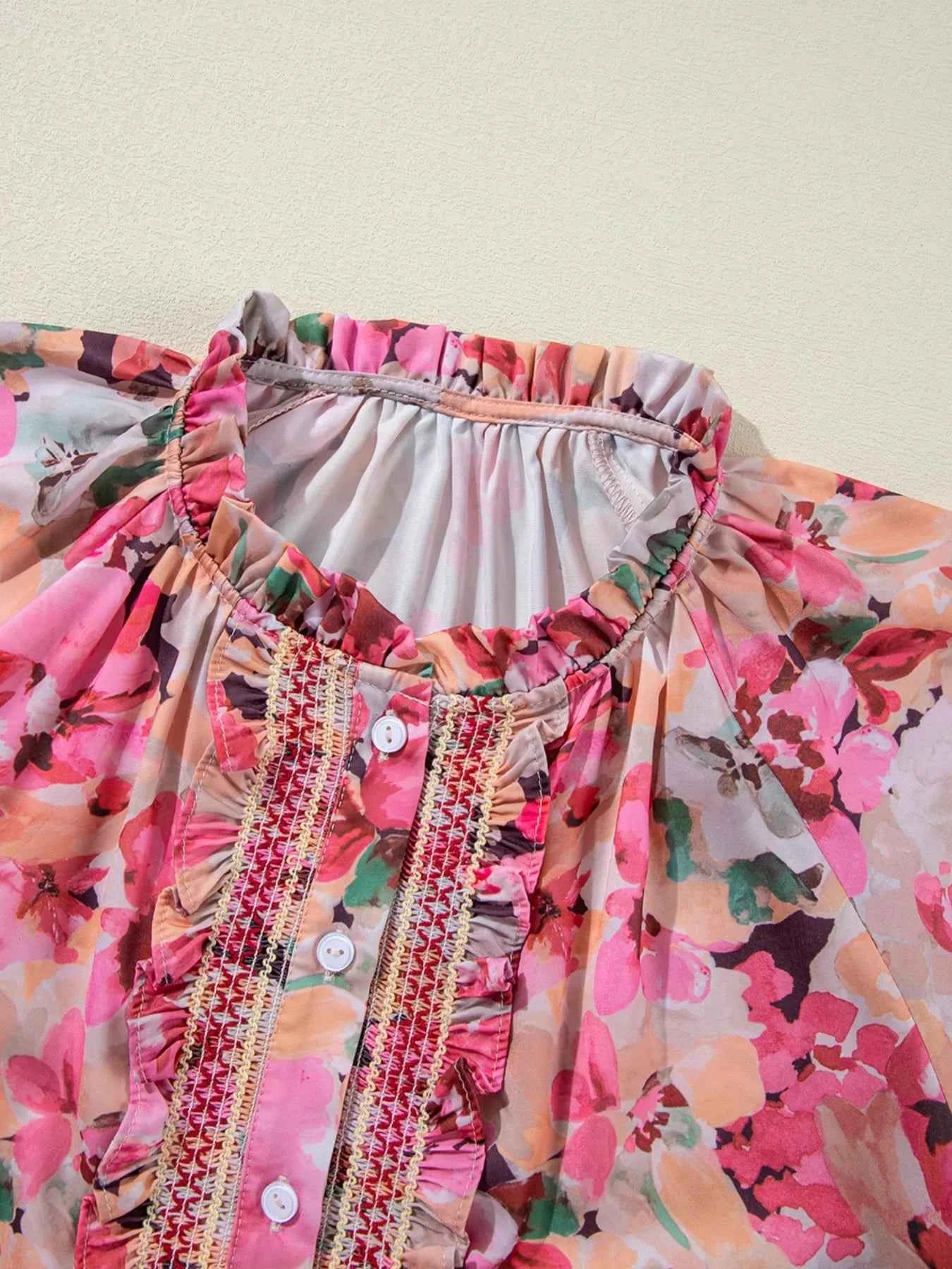 TEEK - Floral Print Ruffle Trim Long Sleeve Shirt TOPS TEEK Trend