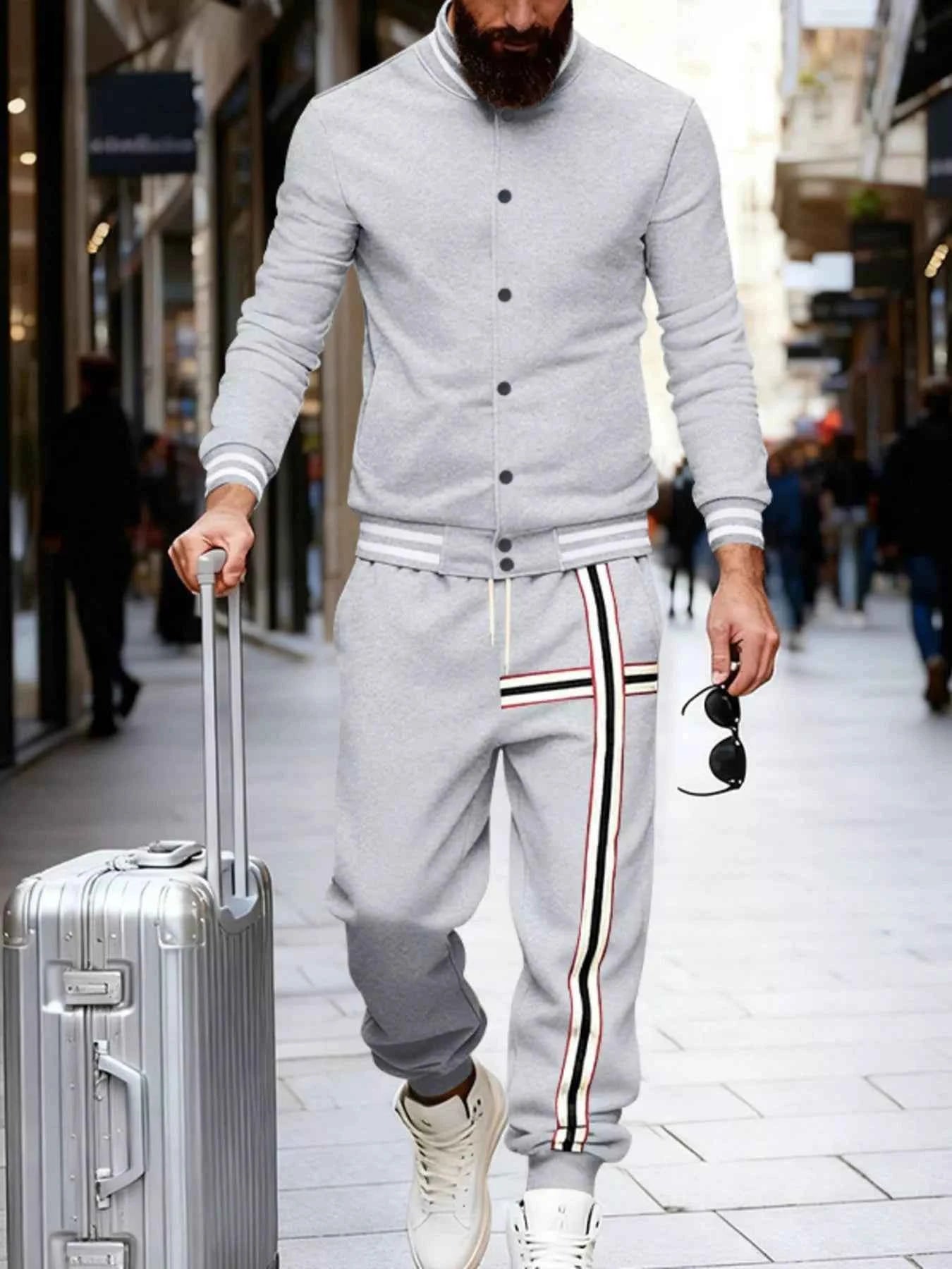 Men's Full Size Striped Long Sleeve Top and Pants Set Plus Size Trendsi Light Gray S