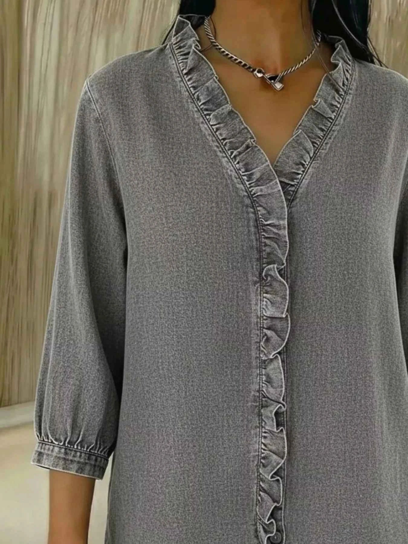 TEEK - Full Size V-Neck Ruffled Button Down Shirt Plus Size TOPS TEEK Trend