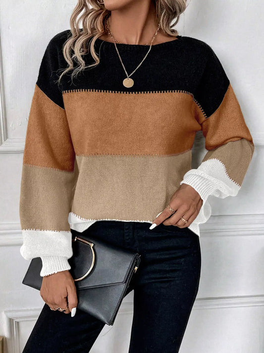 TEEK - Color Block Round Neck Knit Sweater TOPS TEEK Trend