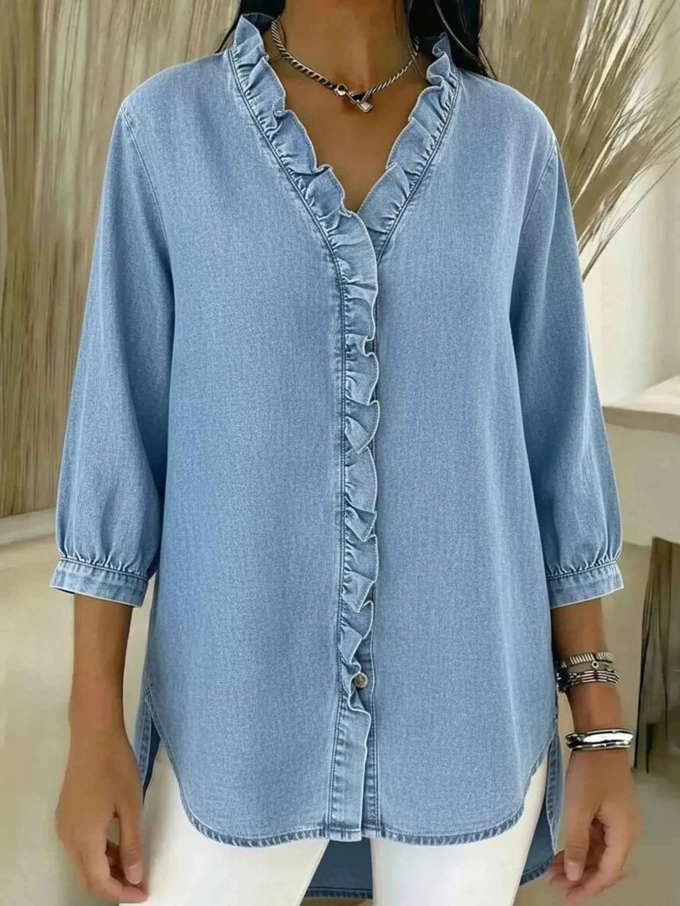 TEEK - Full Size V-Neck Ruffled Button Down Shirt Plus Size TOPS TEEK Trend Light Blue S