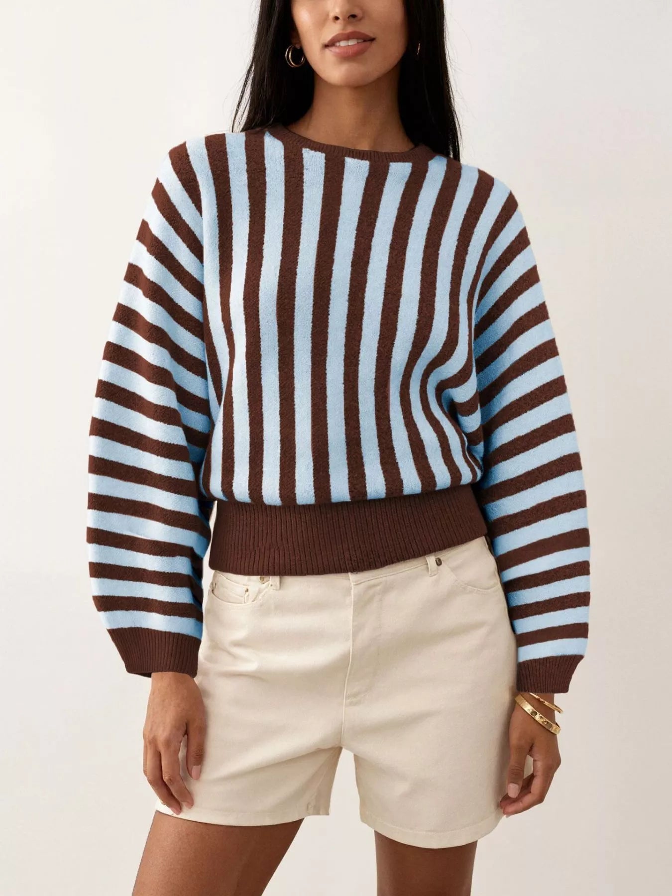 Striped Crew Neck Sweater Trendsi Light Blue S