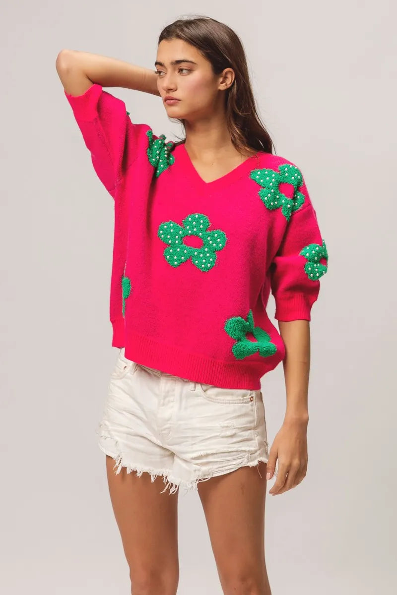 TEEK - Fuchsia Jade Pearl Beads Flowers Sweater Top TOPS TEEK Trend