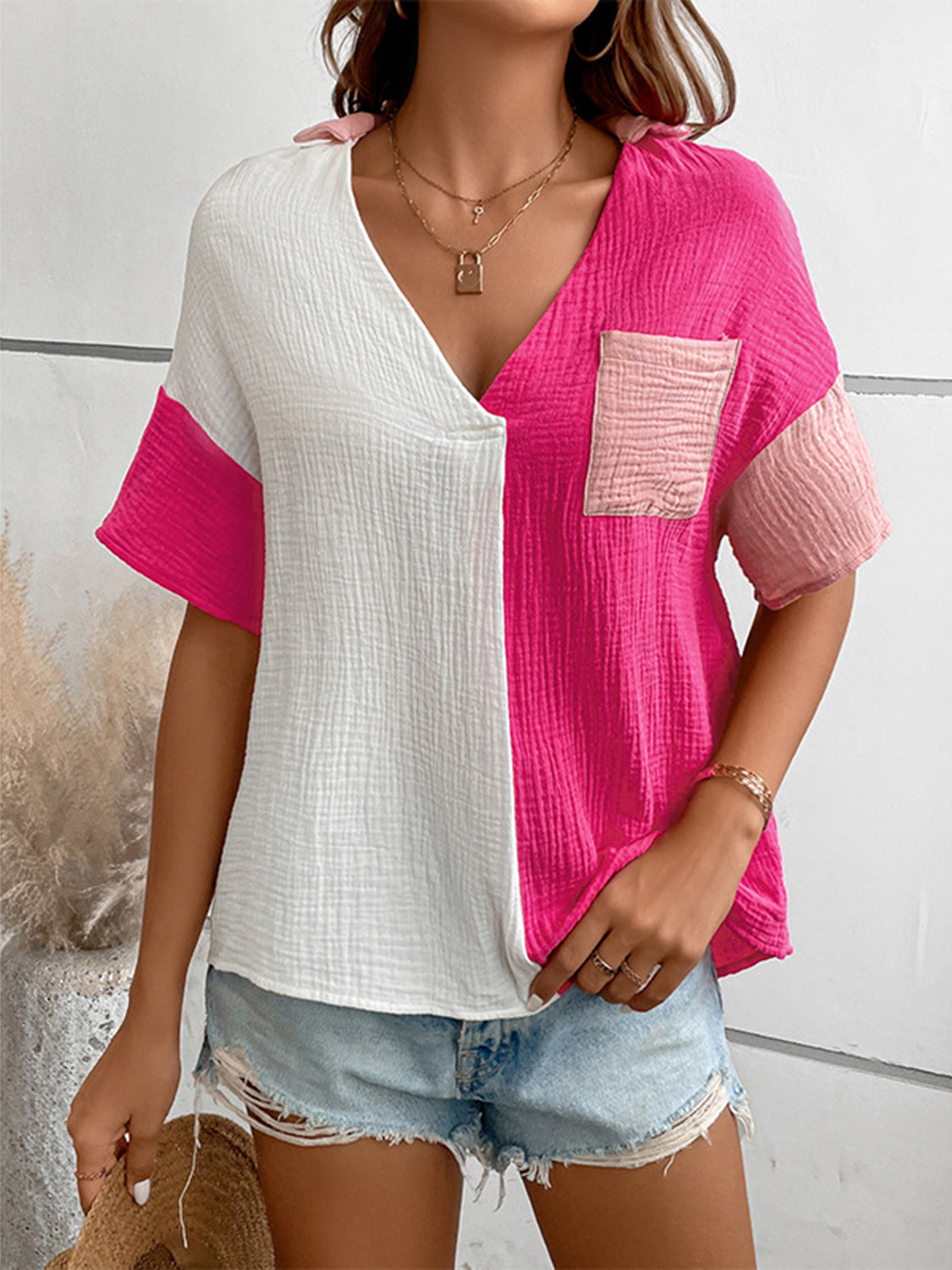 TEEK - Hot Pink Johnny Collar Short Sleeve Blouse TOPS TEEK Trend S  