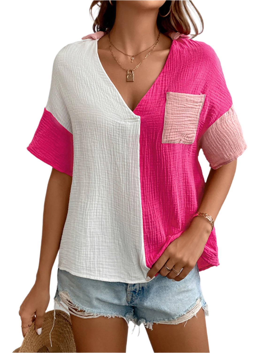 TEEK - Hot Pink Johnny Collar Short Sleeve Blouse TOPS TEEK Trend S  