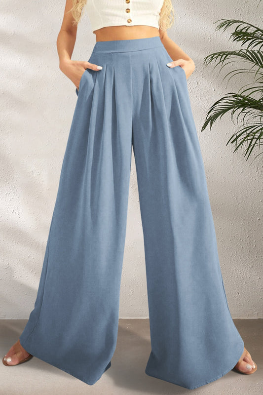 TEEK - High Waist Wide Leg Pleated Pants PANTS TEEK Trend Misty  Blue S 