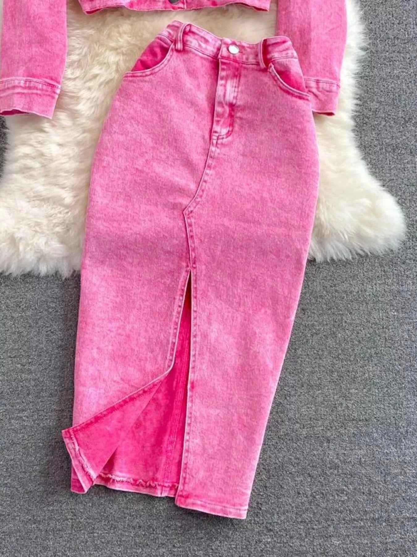 TEEK - Button Up Jacket and Slit Skirt Denim Set SET TEEK Trend