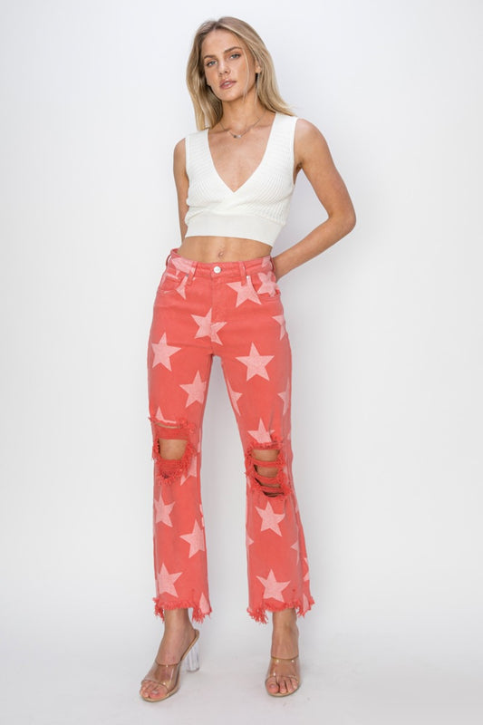 TEEK - Peach Blossom Distressed Raw Hem Star Pattern Jeans JEANS TEEK Trend   