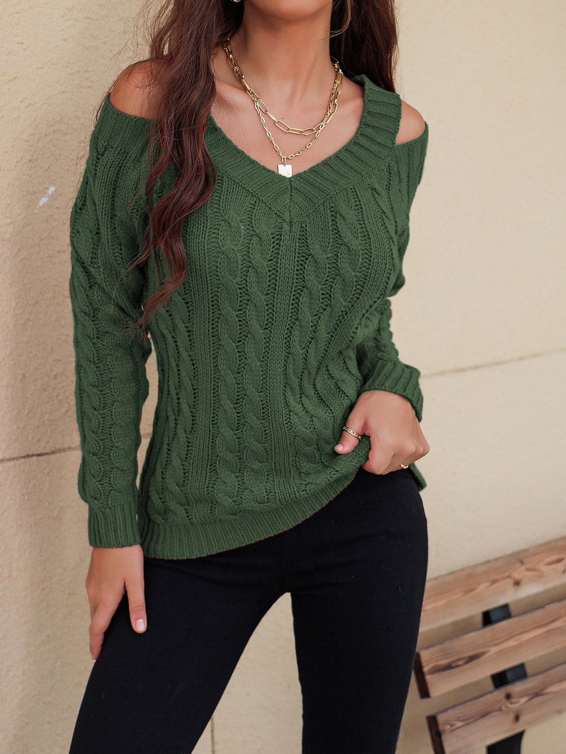 TEEK - Honey Cable-Knit V-Neck Cold Shoulder Sweater TOPS TEEK Trend