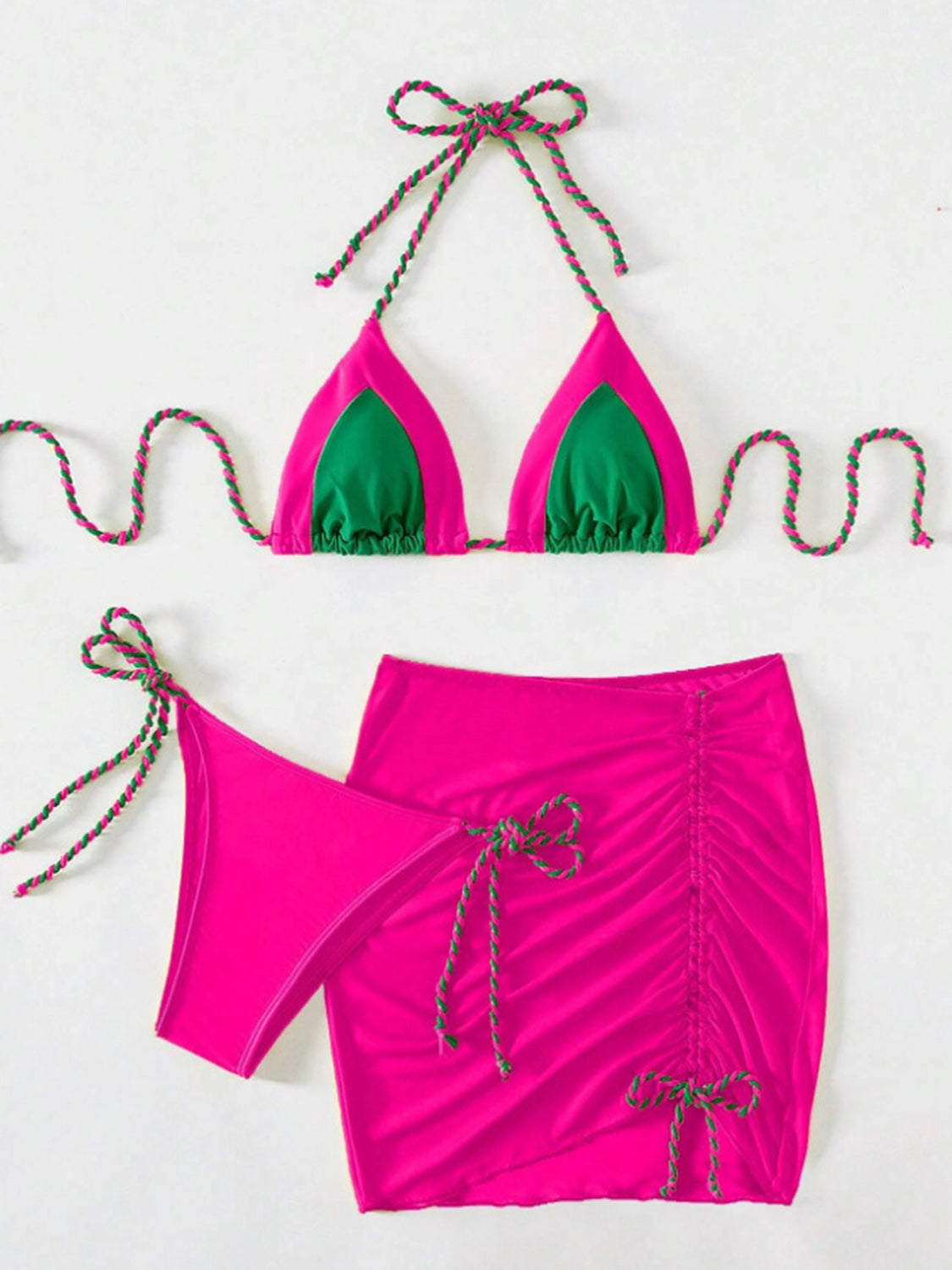 TEEK - Contrast Tied Three-Piece Swim Set SWIMWEAR TEEK Trend Hot Pink S 