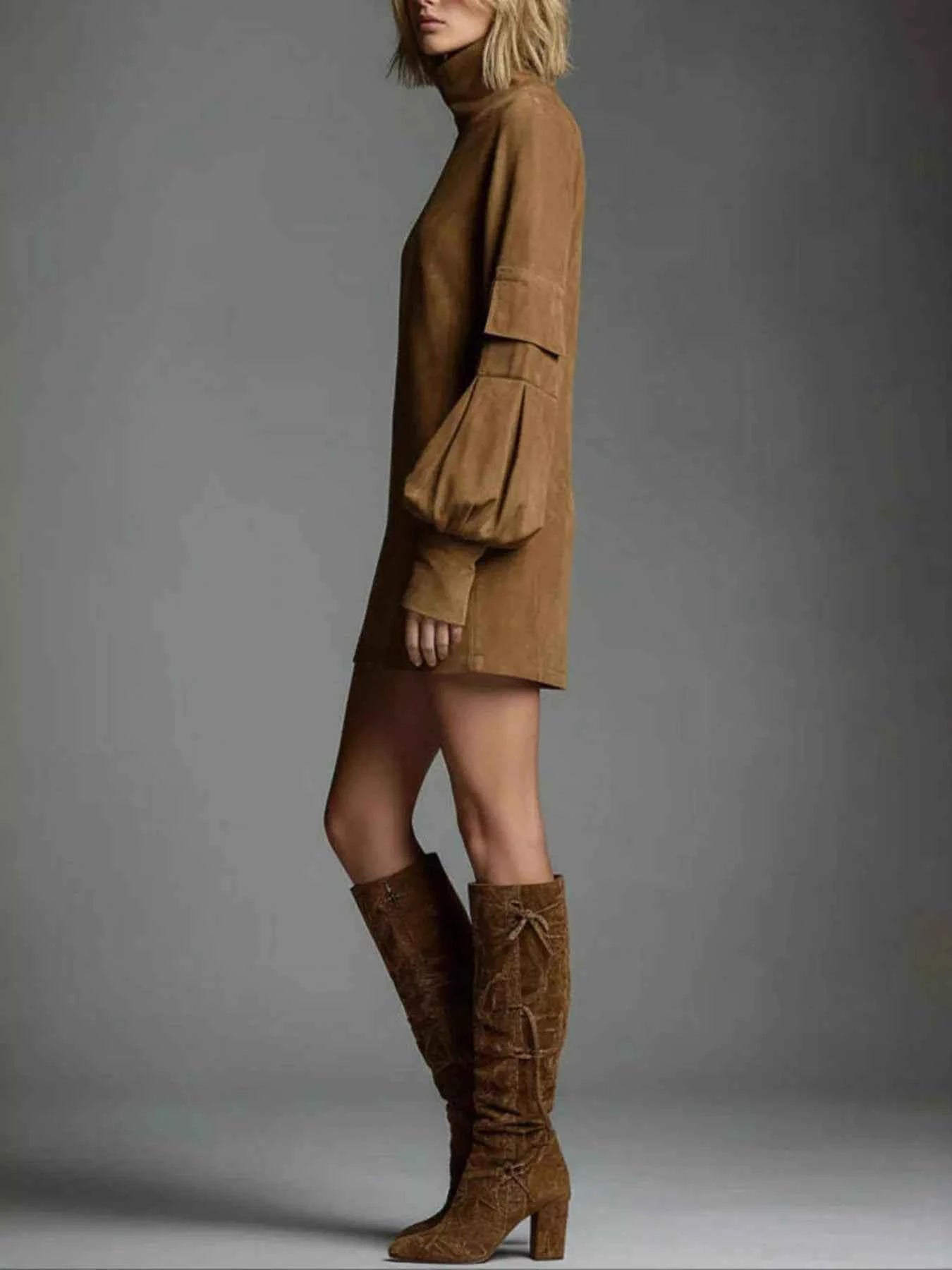 TEEK - Turtleneck Lantern Sleeve Mini Dress with Pockets DRESS TEEK Trend