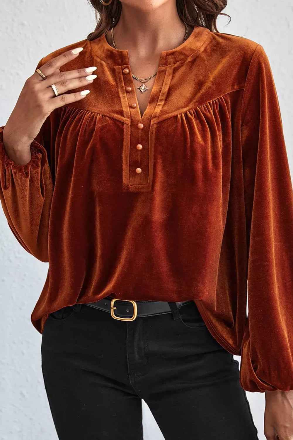 TEEK - Velvet Button-Front Long Sleeve Blouse TOPS TEEK Trend