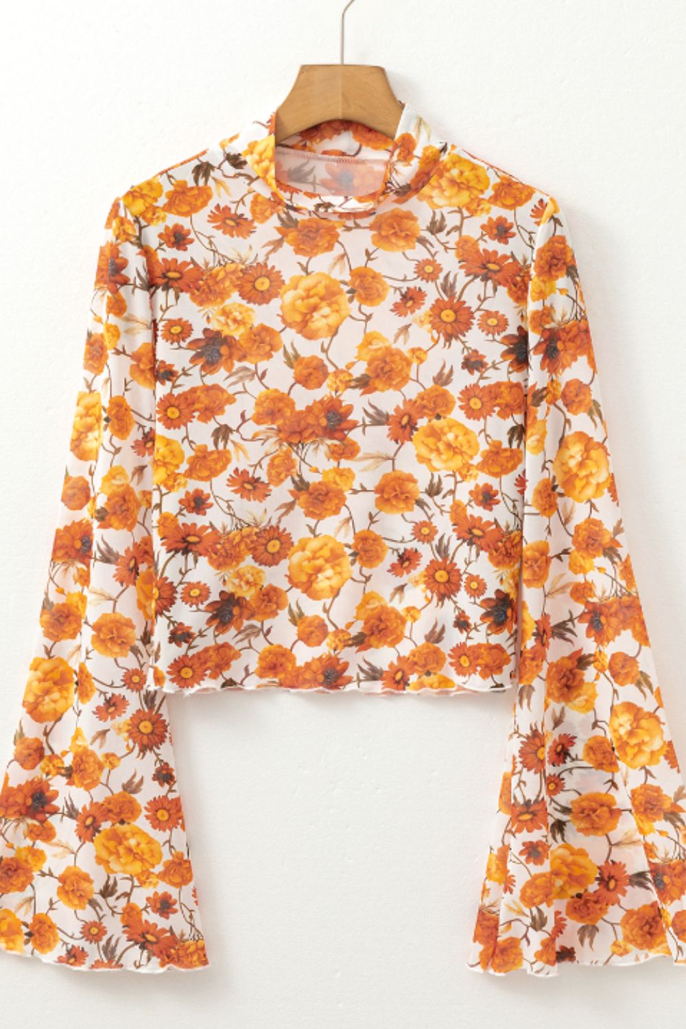 Printed Mock Neck Flare Sleeve Top TEEK Trend