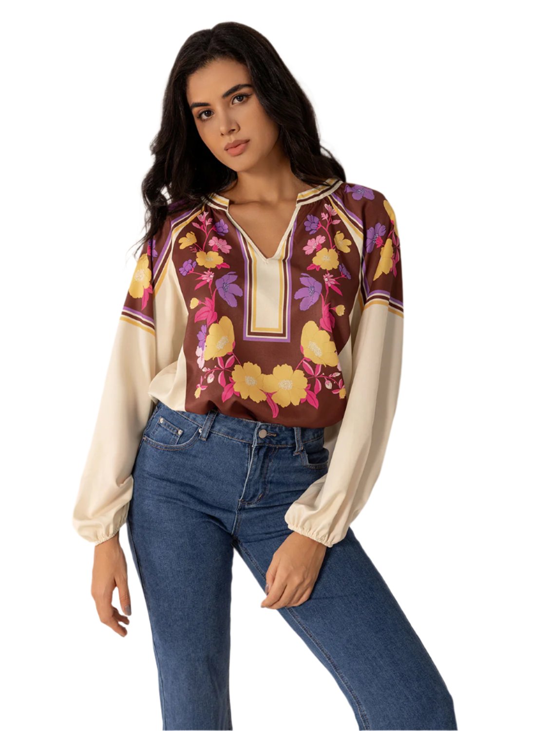 TEEK - Multicolor Printed Notched Long Sleeve Blouse TOPS TEEK Trend S