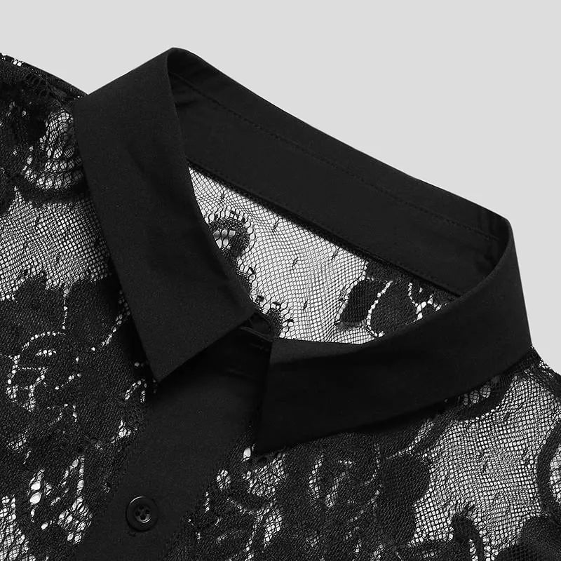 TEEK - Men's Black Lace Button Down Long Sleeve Shirt TOPS TEEK Trend