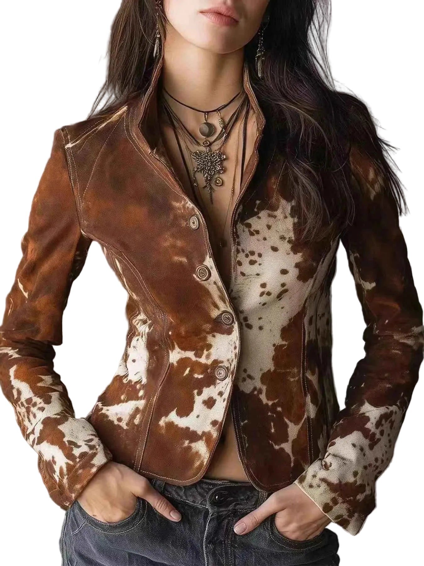 TEEK - Cow Print Button Up Blazer JACKET TEEK Trend Dark Brown S