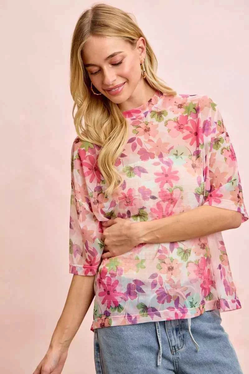 BiBi Floral Print Short Sleeves Boxy Mesh Top Trendsi
