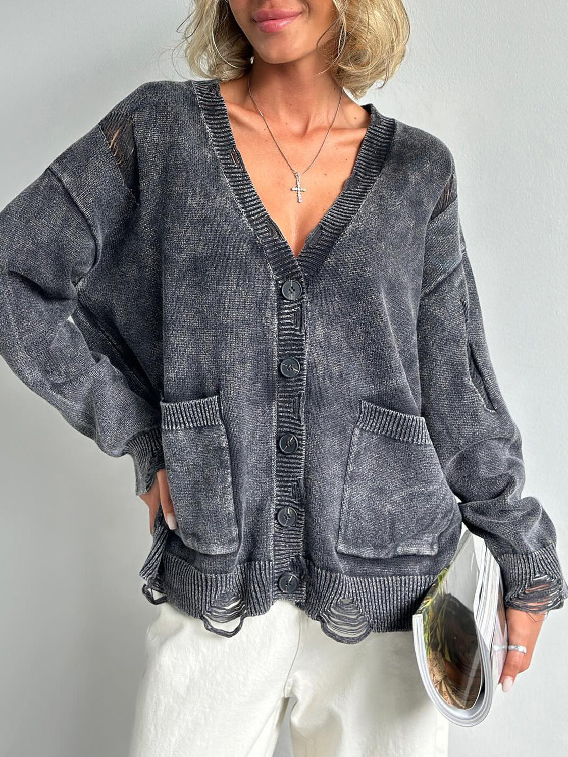 TEEK - Distressed Button Down Long Sleeve Cardigan SWEATER TEEK Trend