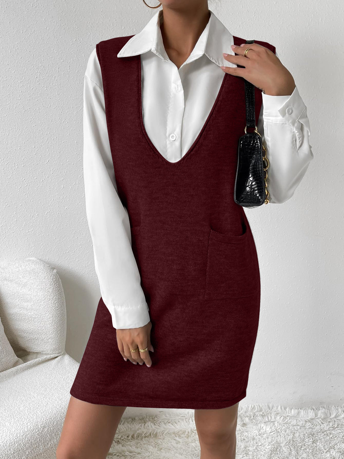 TEEK - V-Neck Sleeveless Sweater Pocketed Dress DRESS TEEK Trend