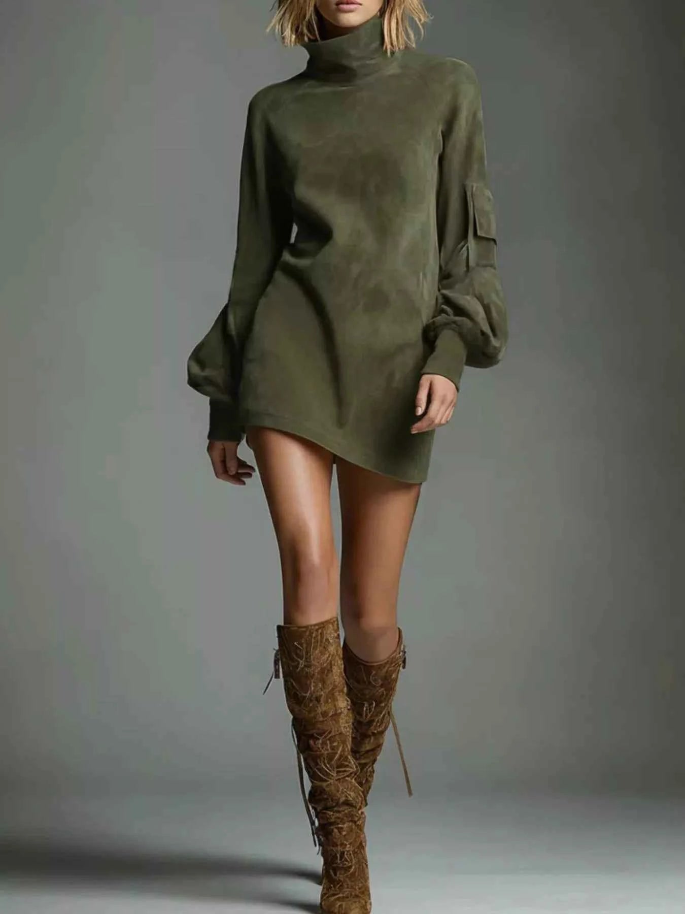 TEEK - Turtleneck Lantern Sleeve Mini Dress with Pockets DRESS TEEK Trend Army Green XS