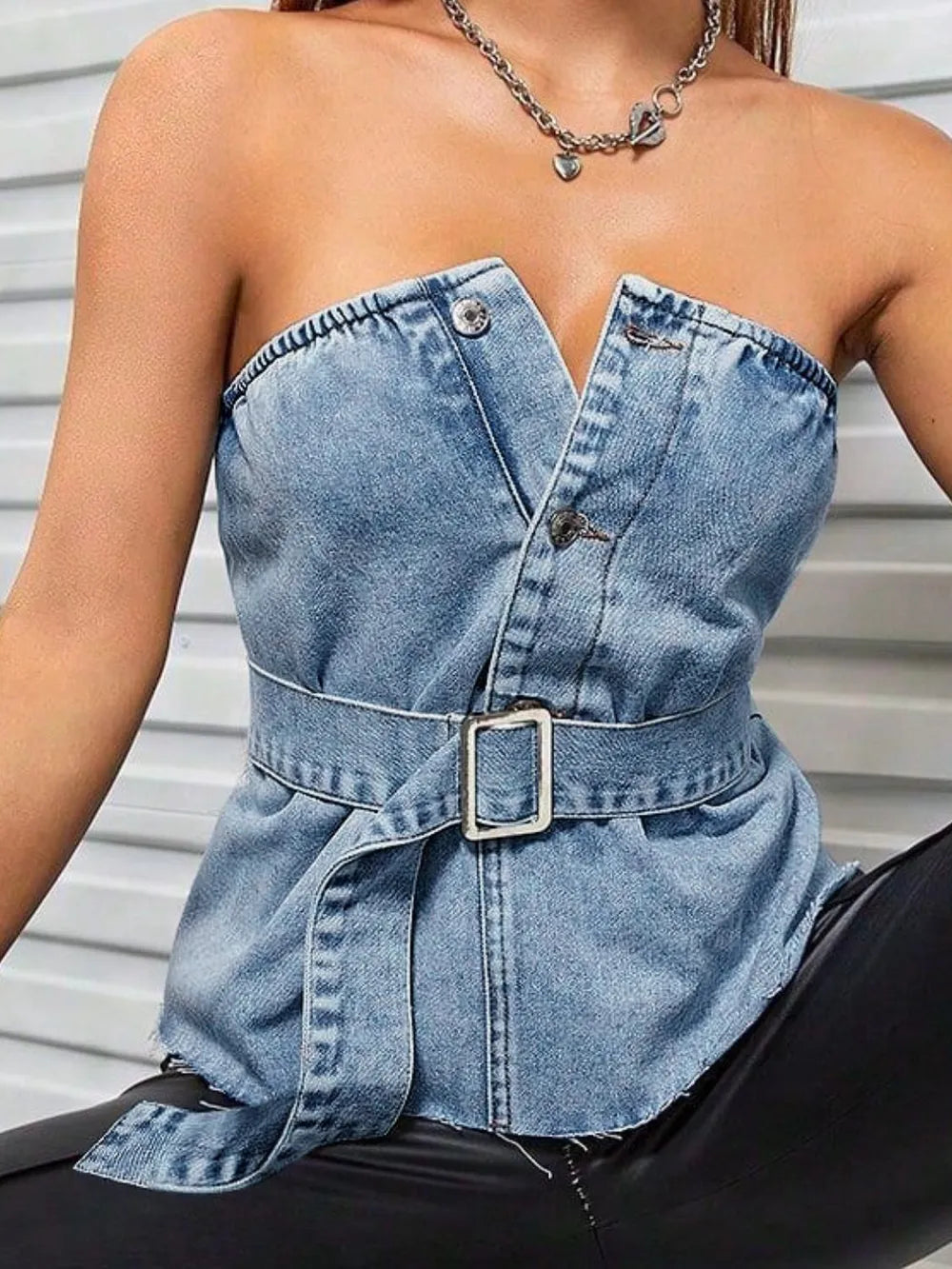 TEEK - Frayed Hem Button Detail Tube Top TOPS TEEK Trend