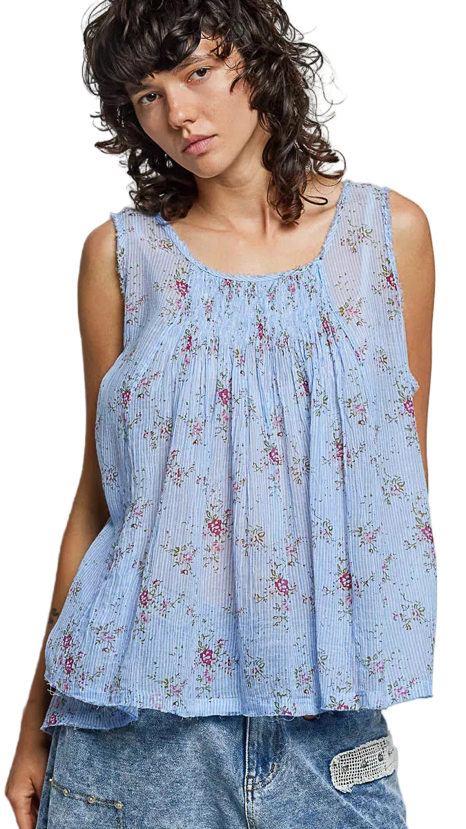 POL Round Neck Sleeveless Floral Pleated Cotton Top Trendsi BLUE FLORAL S