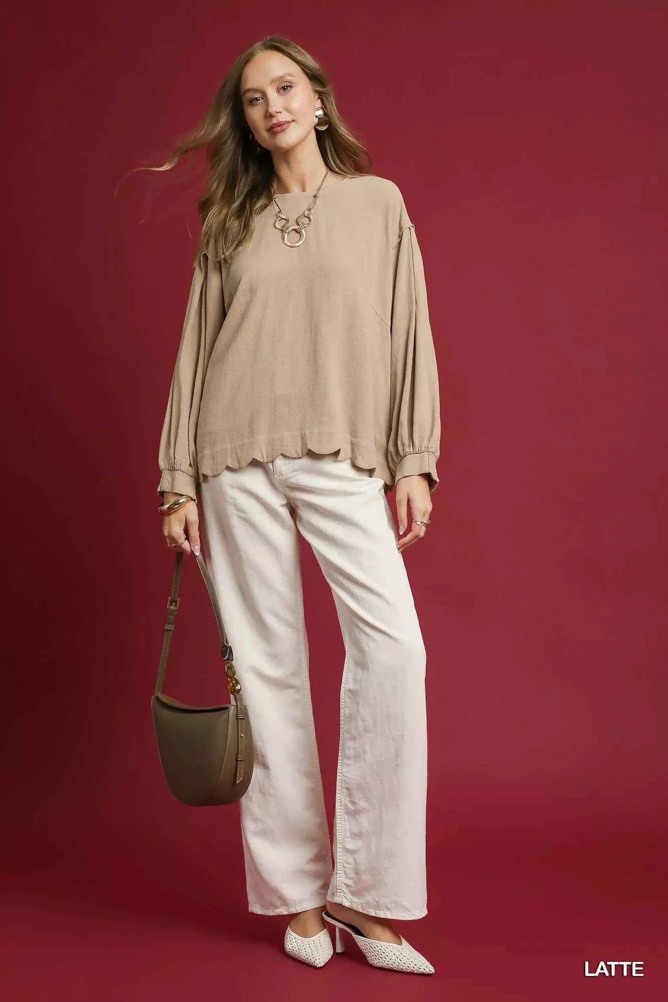 TEEK - Linen Scallop Hem Long Sleeve Blouse TOPS TEEK Trend