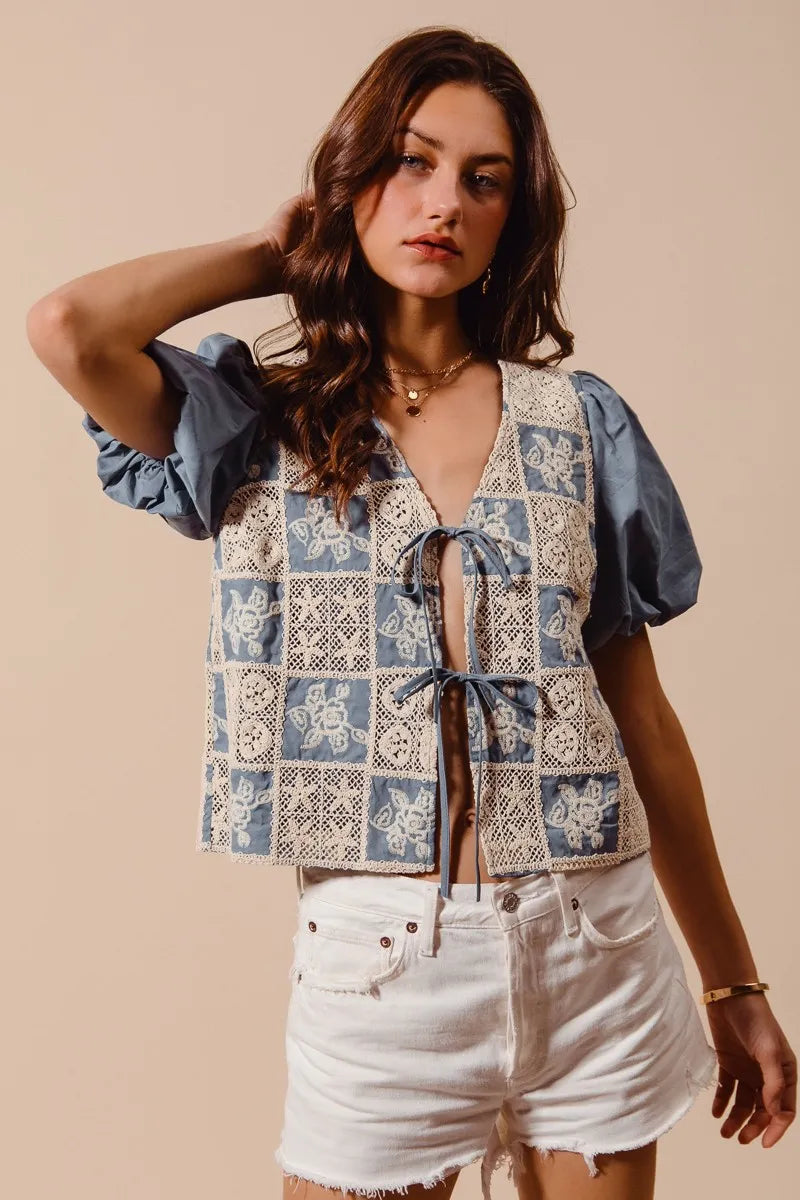 TEEK - Denim Blue Crochet Lace Tie Front V Neck Blouse Top TOPS TEEK Trend