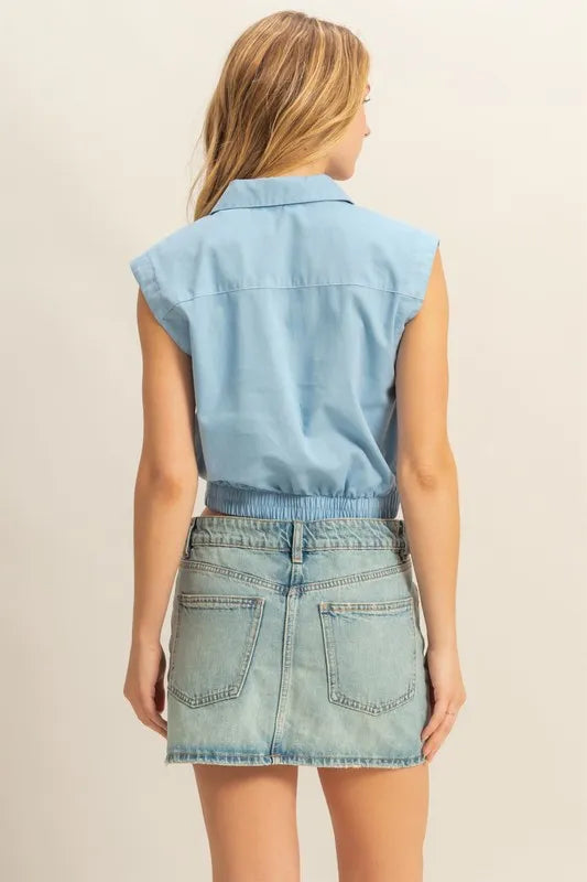 TEEK - Paste Blue Johnny Collar Sleeveless Cropped Blouse TOPS TEEK Trend