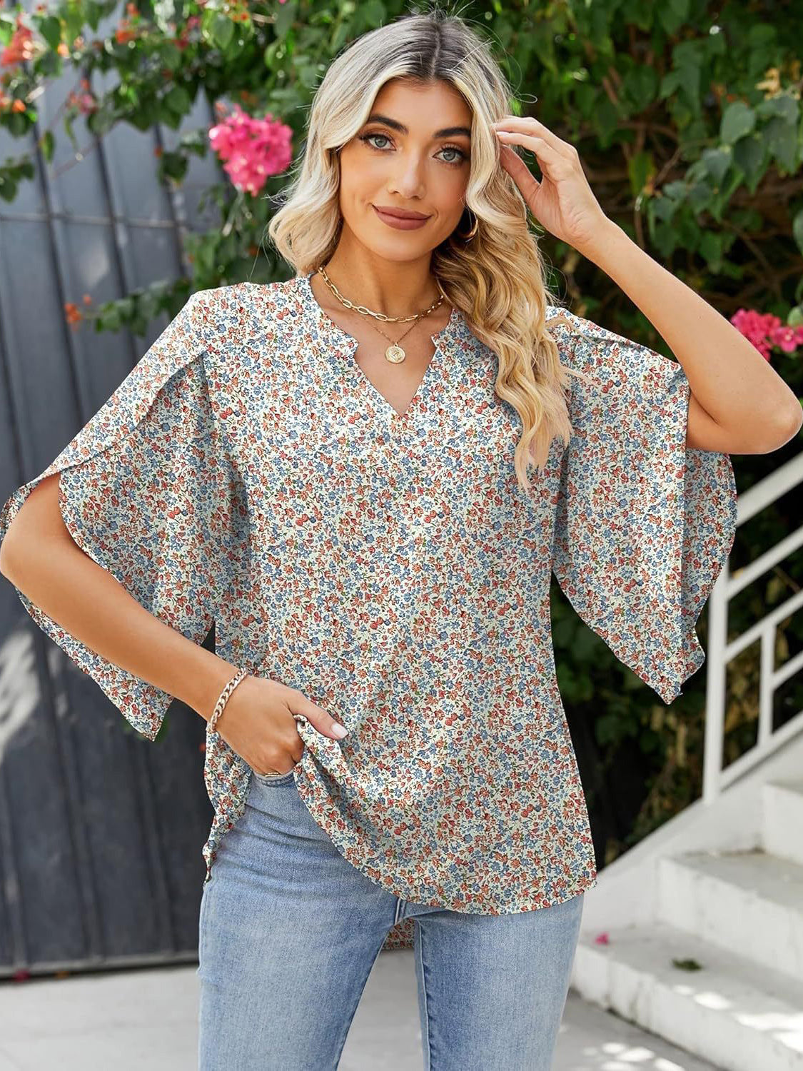 TEEK - Printed Notched Widened Half Sleeve Blouse TOPS TEEK Trend   