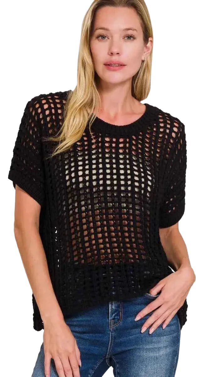 TEEK - Fish Net Short Sleeve Crochet Knit Cover Up TOPS TEEK Trend BLACK S/M