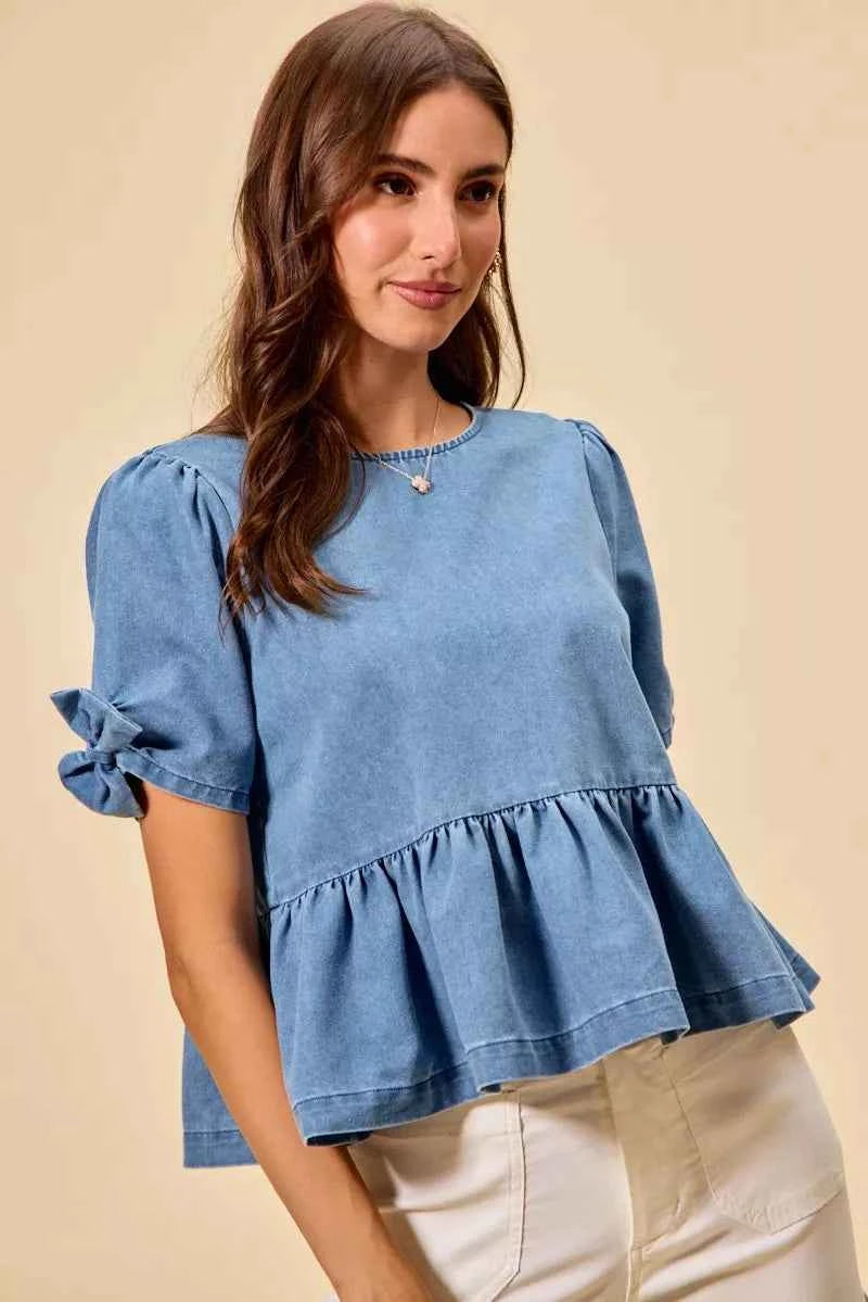 TEEK - Denim Bow Detail Short Sleeves Peplum Top TOPS TEEK Trend