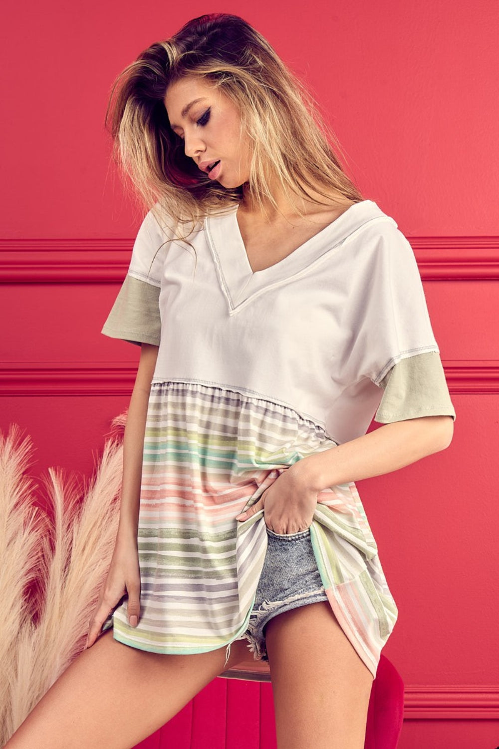 TEEK - Peach/Green Striped Exposed Seam V-Neck Blouse TOPS TEEK Trend   