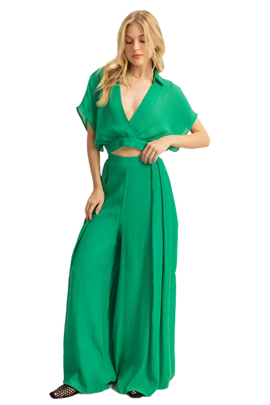TEEK - Green Kimono Sleeve Crop Top Wide Leg Pants Set SET TEEK Trend S
