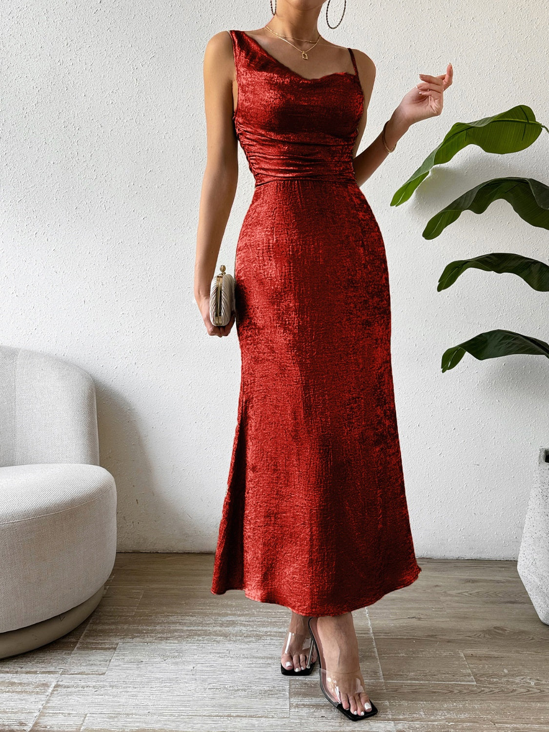 TEEK - Asymmetric Neck Sleeveless Midi Dress DRESS TEEK Trend Burgundy S 