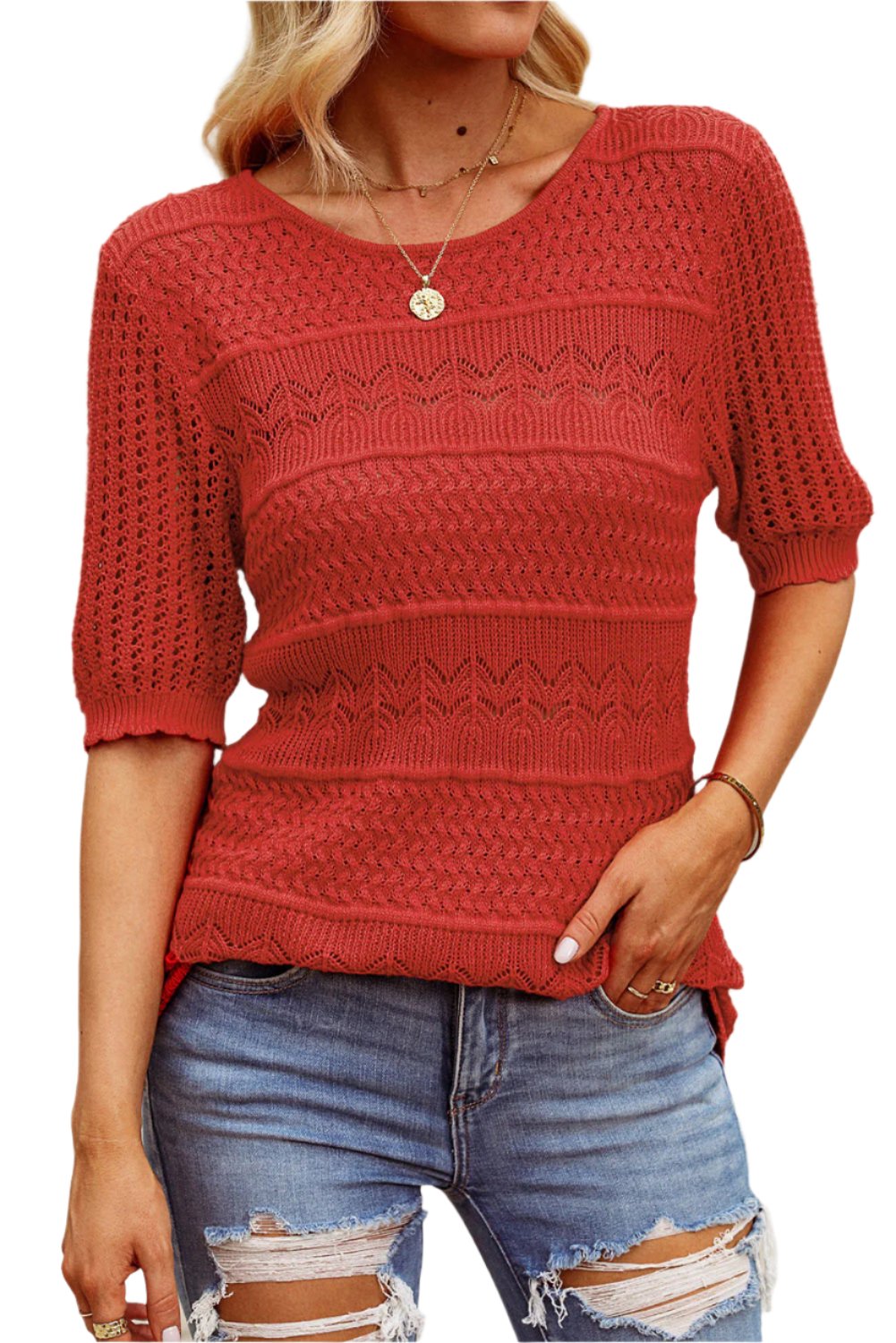 TEEK - Brick Red Open Knit Half Sleeve Knit Top TOPS TEEK Trend L  