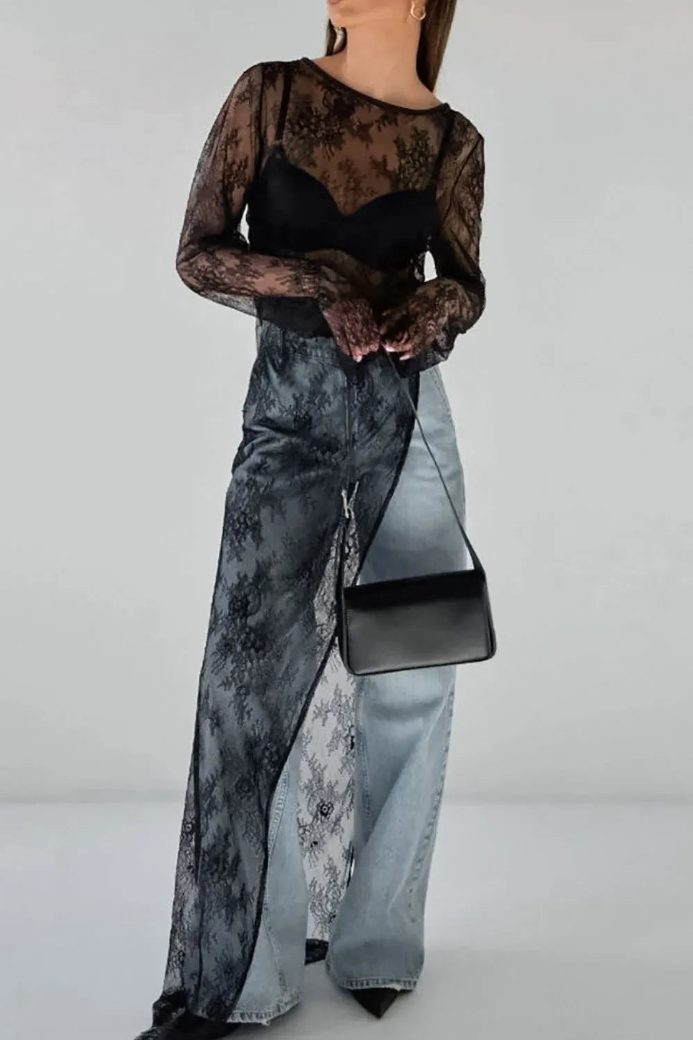 TEEK - Black Fringe Round Neck Long Sleeve Lace Sheer Top TOPS TEEK Trend