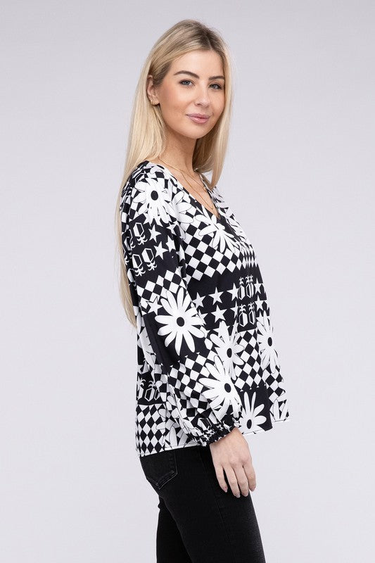 TEEK - BW Floral V-Neck Lantern Sleeve Blouse TOPS TEEK FG   