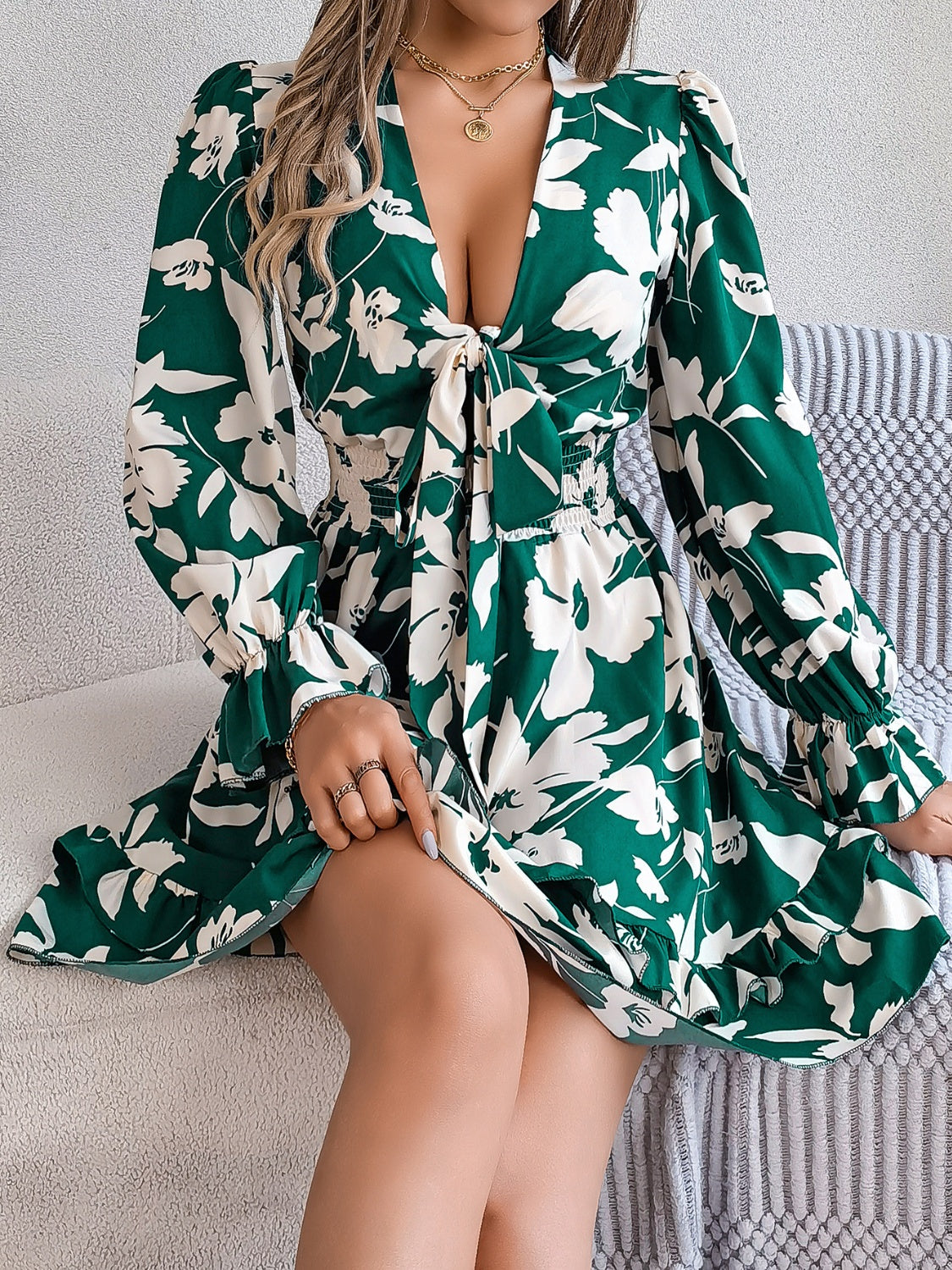 TEEK - Tied Ruffled Printed Long Sleeve Dress DRESS TEEK Trend   