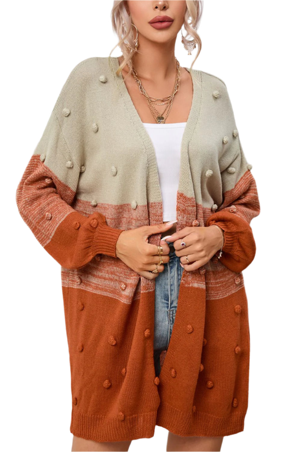 TEEK - Pompom Color Block Open Front Cardigan SWEATER TEEK Trend Caramel S