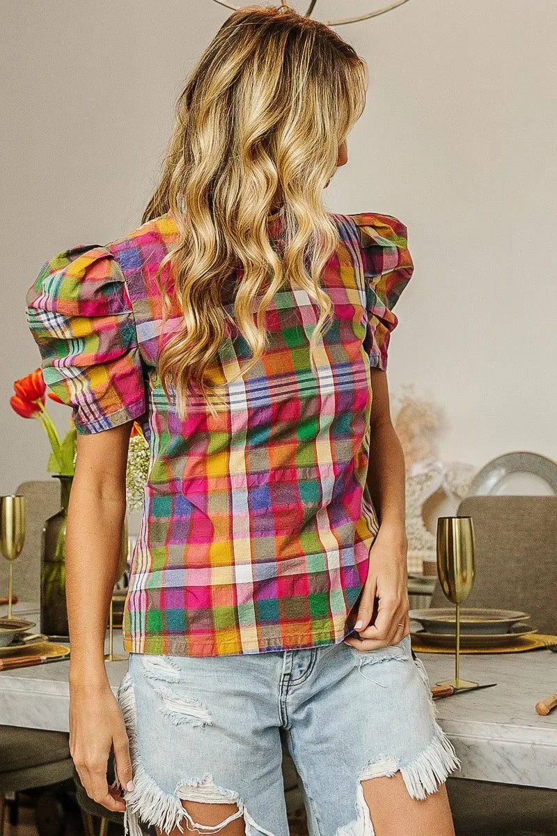 TEEK - Stained Glass Short Puff Sleeve Washed Vintage Plaid Top TOPS TEEK Trend